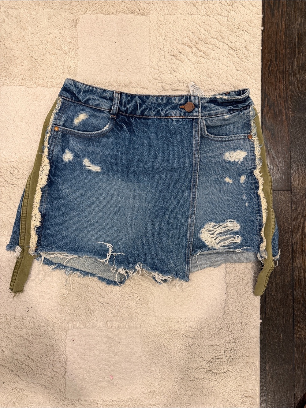 Zara Distressed Blue Denim Mini Skort with Olive Side Trim